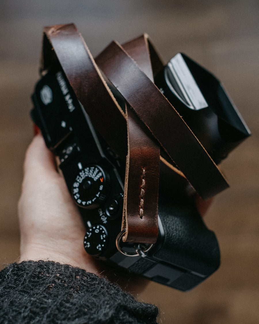 Horween Chromexcel brown leather strap for camera. Stitched by hand with brown thread