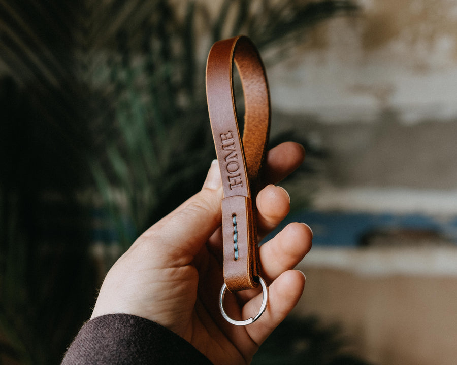 brown leather keys holder personalised with HOME