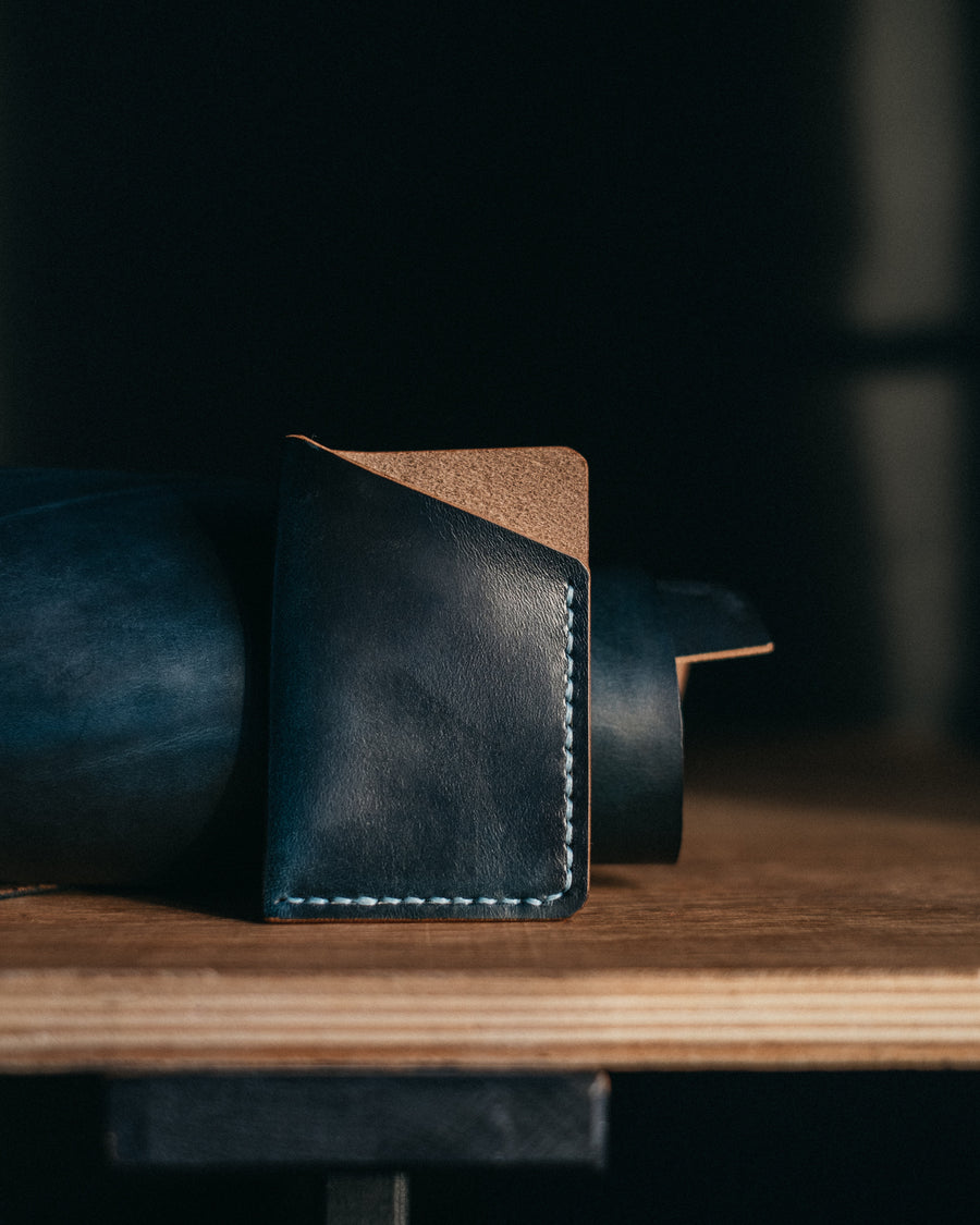 blue leather cards wallet stitched by hand