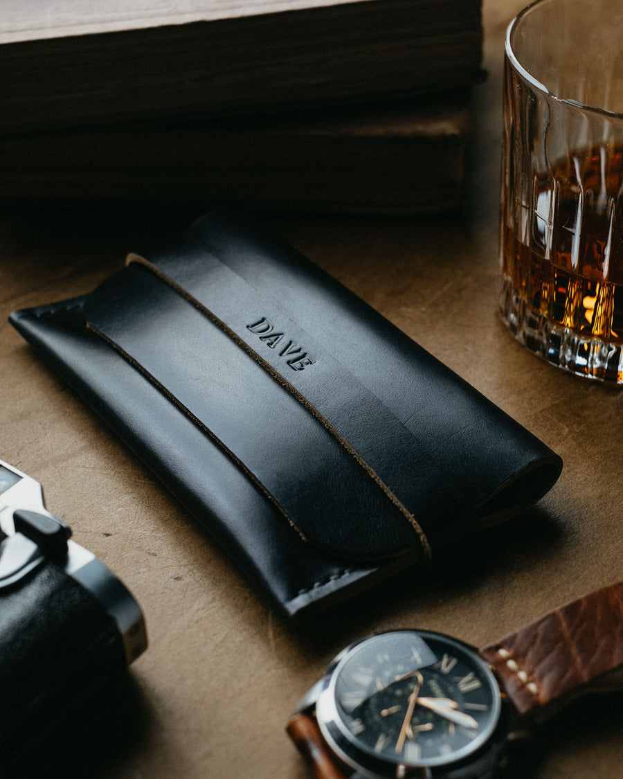 black leather watch case with name engraving