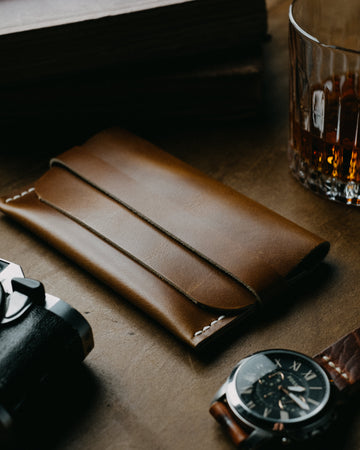 Tan leather watch pouch with name