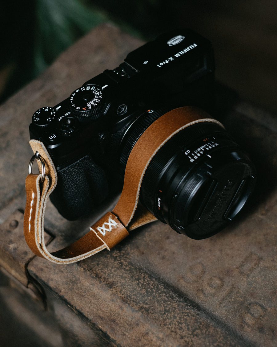 tan leather wrist camera strap
