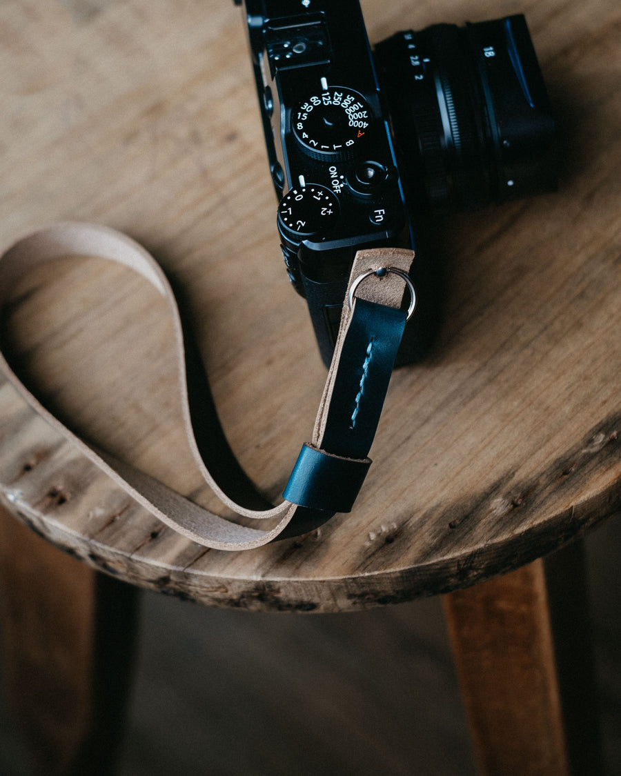 blue leather camera strap
