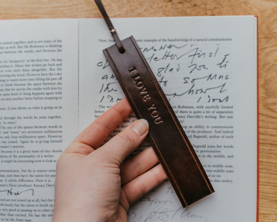 I LOVE YOU bookmark made from leather