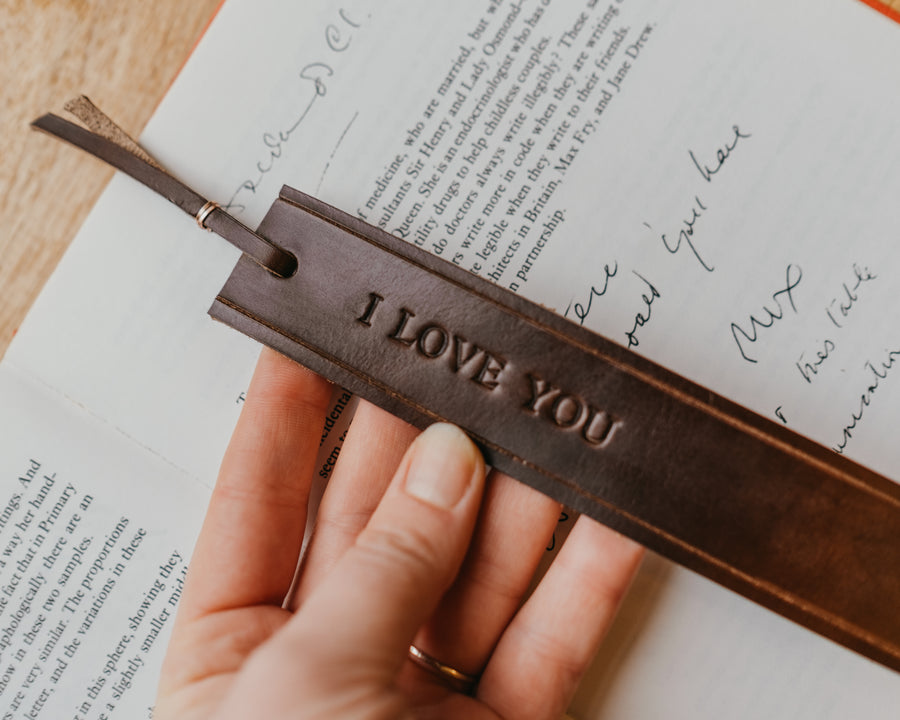 full grain leather bookmark with message