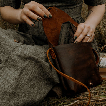 hand stitched brown leather bag