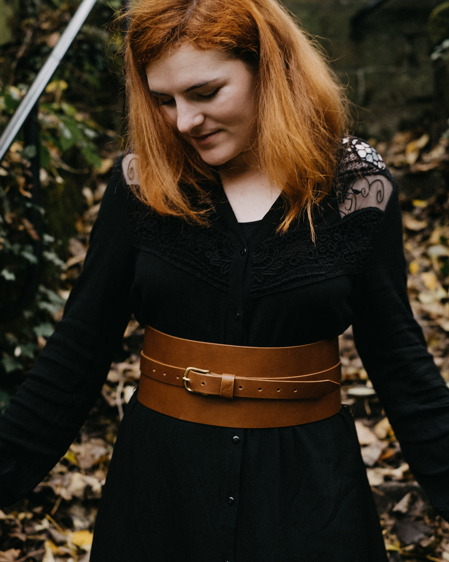 full grain leather corset belt with brass buckle