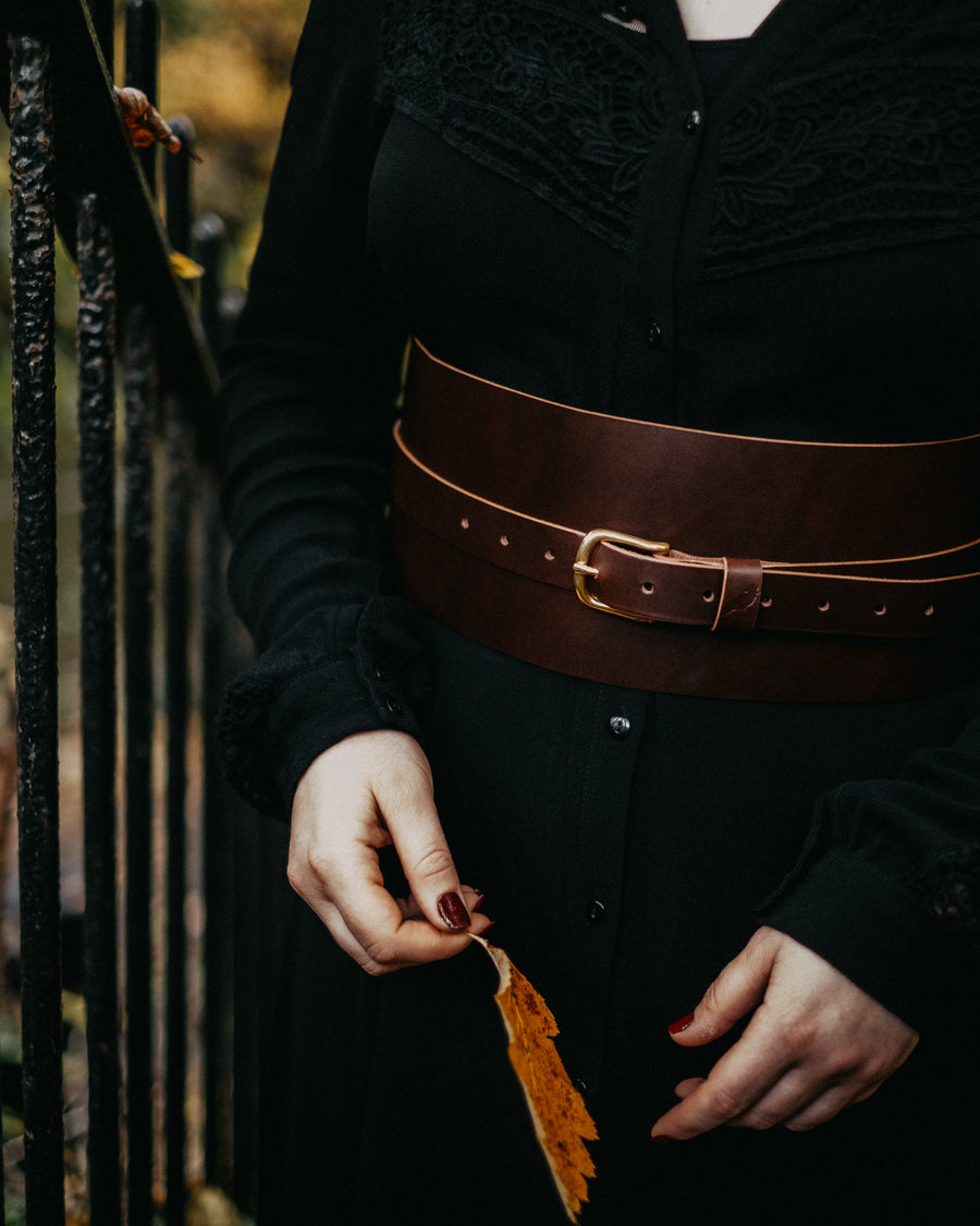 full grain leather corset belt with brass buckle