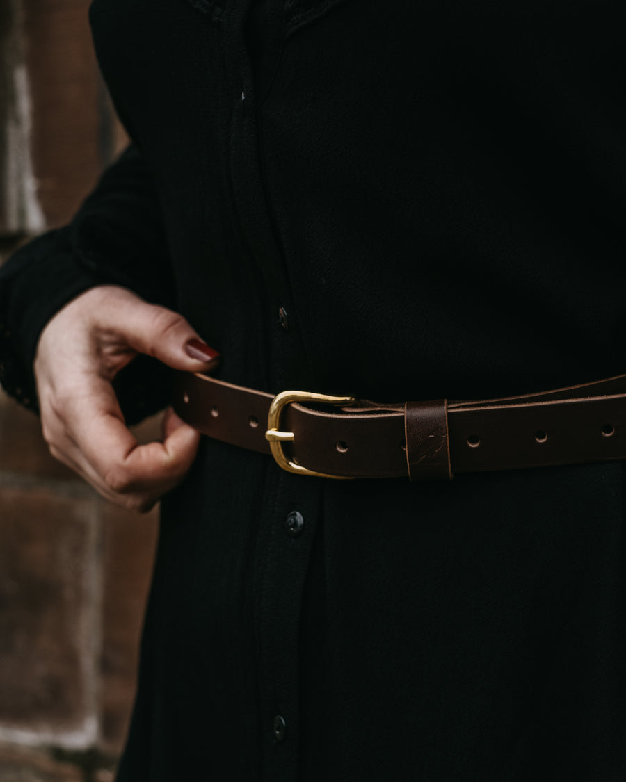 full grain brown leather belt with brass buckle